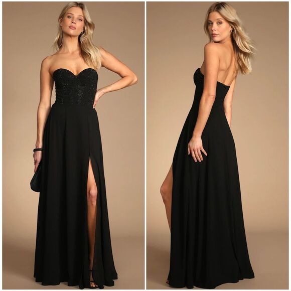 Lulus Remember This Moment Black Rhinestone Strapless Maxi Dress Size Medium NEW - Picture 1 of 12